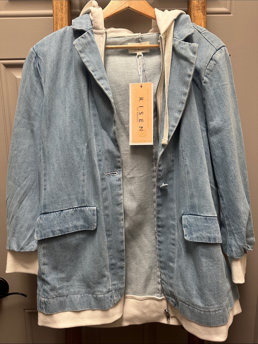 Risen Light Blue Denim Jacket with Cream Hood